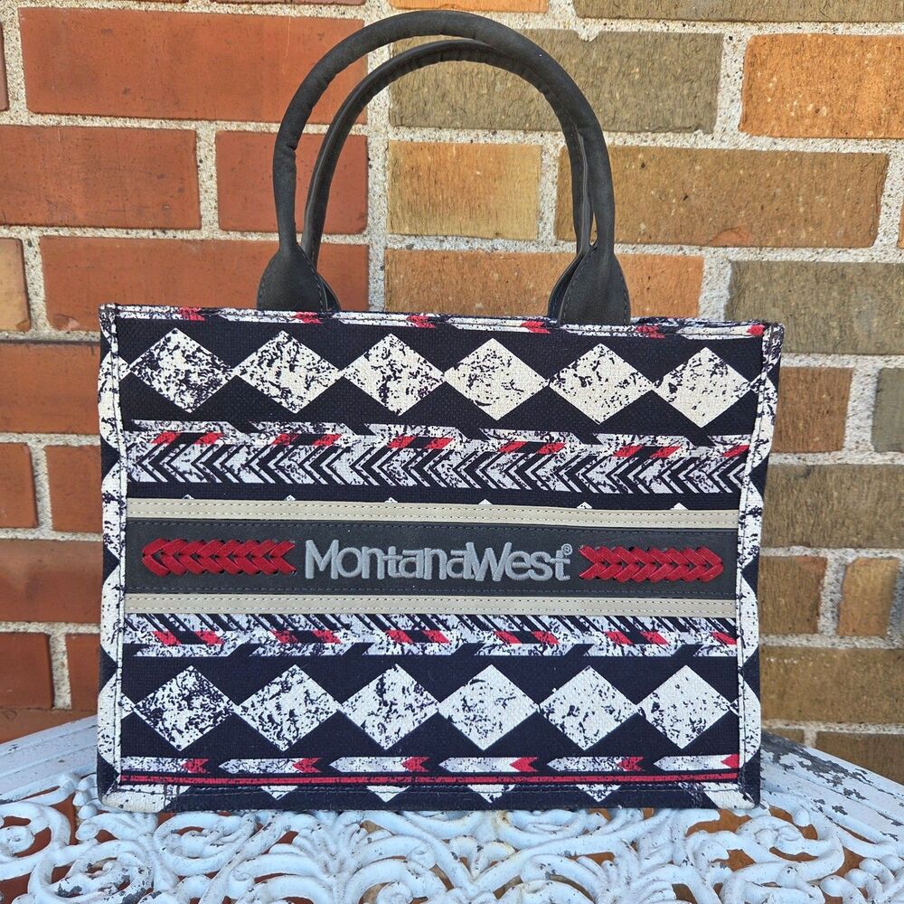 Montana West Aztec Canvas Tote Bag Western Boho Crossbody Black Red - Picture 8 of 8